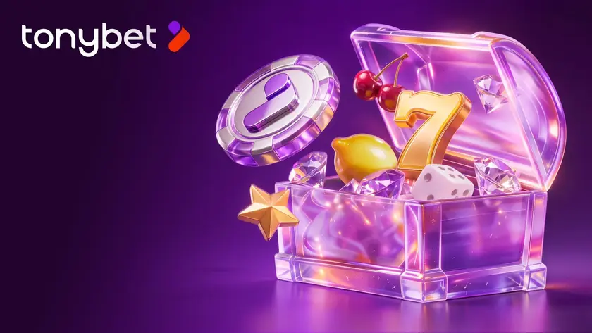 Tonybet treasure chest with a chip, a seven, cherries and diamonds